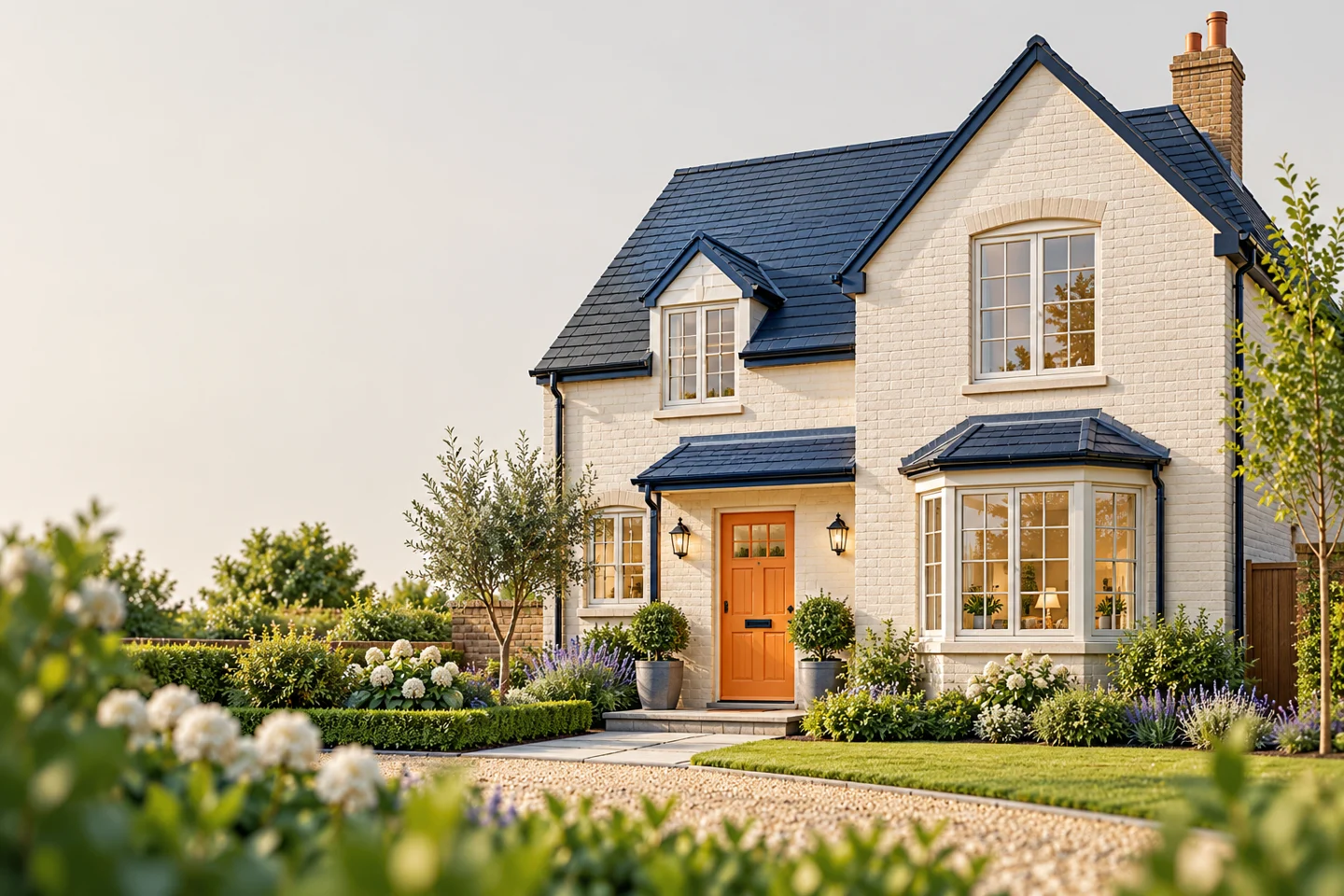 Illustration of a British home with an orange front door